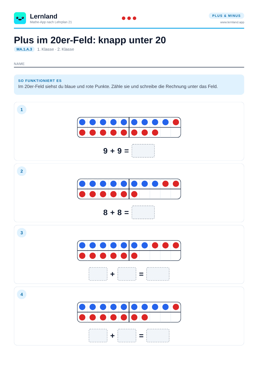 Vorschau des Arbeitsblatts: Plus im 20er-Feld: knapp unter 20